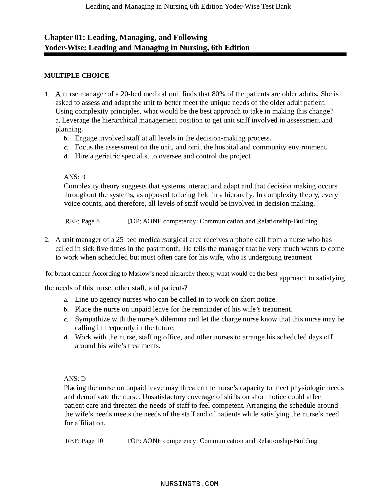 Preview image for Leading and Managing in Nursing 6th Edition Yoder-Wise Test Bank
